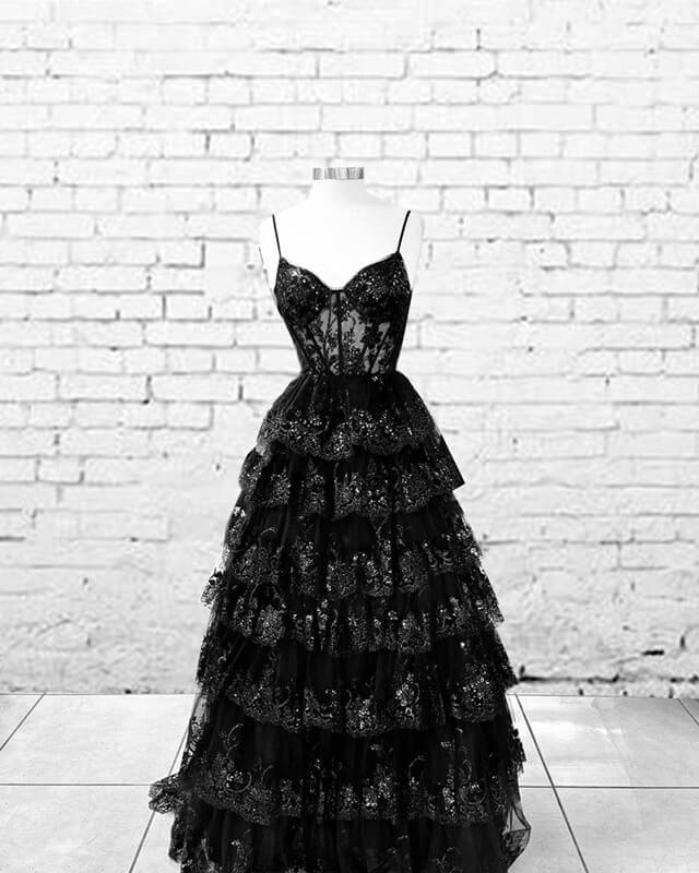 Ball Gown V Neck Sequin Lace Ruffle Dress