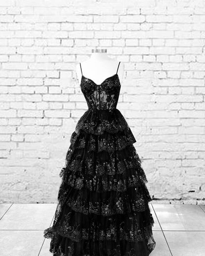 Ball Gown V Neck Sequin Lace Ruffle Dress