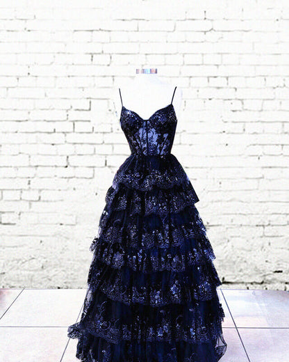 Ball Gown V Neck Sequin Lace Ruffle Dress