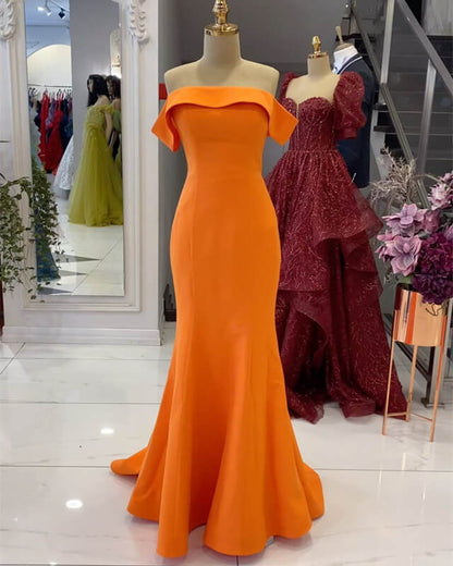 Mermaid Off-The-Shoulder Orange Satin Prom Dress