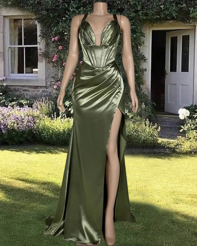 Mermaid Plunge Neck Split Satin Dress