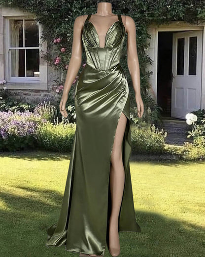 Mermaid Plunge Neck Split Satin Dress