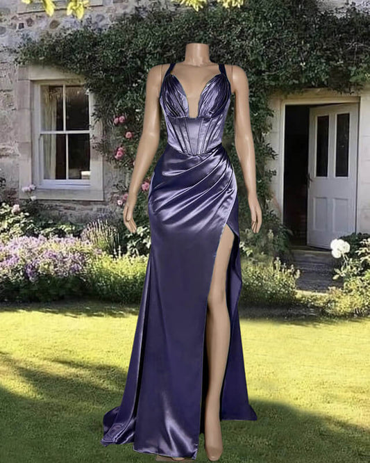 Mermaid Plunge Neck Split Satin Dress