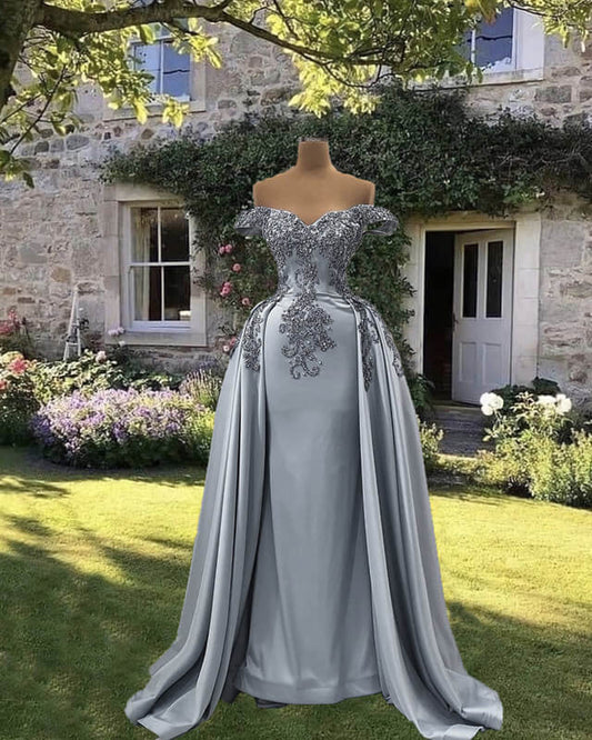 Mermaid Silver Satin Appliques Dress
