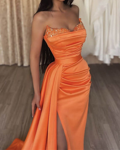 Mermaid Beaded V-neck Orange Satin Slit Prom Dress