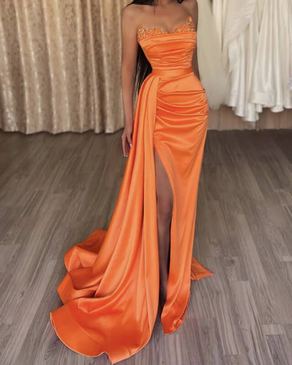 Mermaid Beaded V-neck Orange Satin Slit Prom Dress