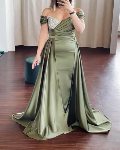 Mermaid Beaded V-neck Off Shoulder Slit Satin Dress