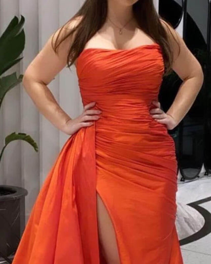 Mermaid Ruched Strapless Slit Dress