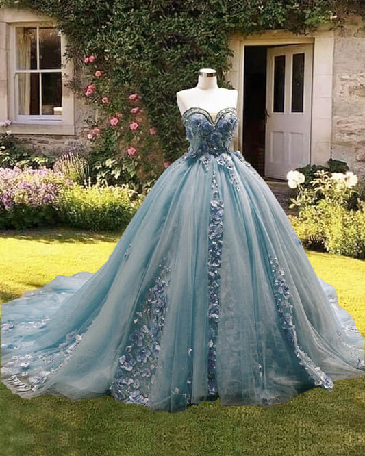 Ball Gown Tulle Strapless 3D Flowers Dress