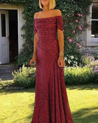 Mermaid Burgundy Sequin Off Shoulder Dress