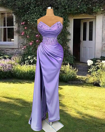 Mermaid Lace Apppliques Corset Split Satin Dress