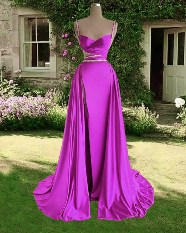 Mermaid Beaded Straps V Neck Slit Dress