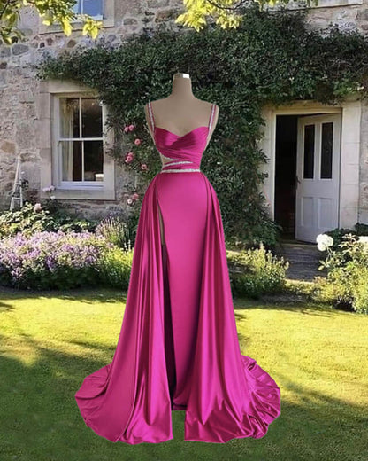Mermaid Beaded Straps V Neck Slit Dress