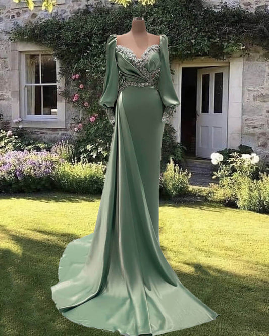 Mermaid Long Sleeve Satin Formal Gown
