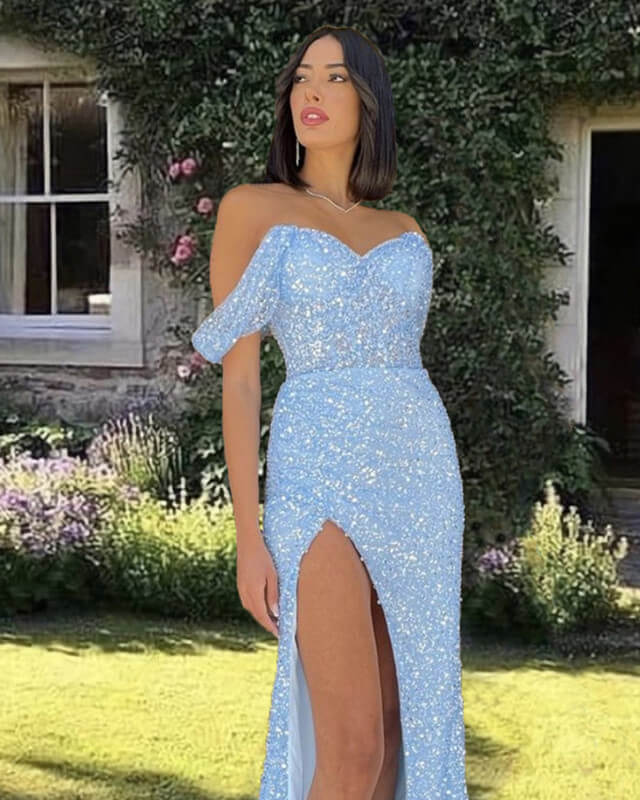 Mermaid Baby Blue Sparkly Split Dress