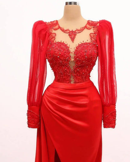 Long Sleeve Mermaid Applqiue Dress With Slit