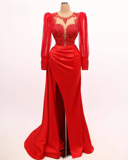 Long Sleeve Mermaid Applqiue Dress With Slit