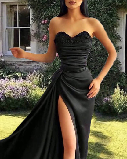Mermaid Black Satin Split Dress