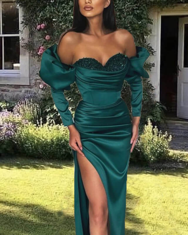 Mermaid Emerald Satin Sleeved Dress