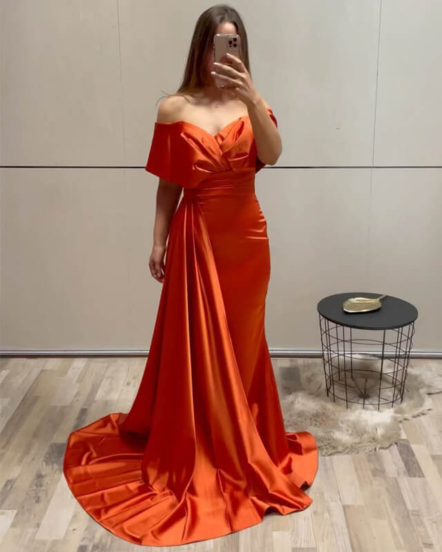 Mermaid Off The Shoulder Orange Satin Dress