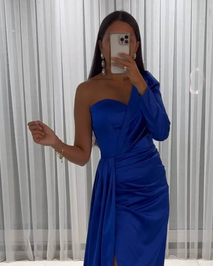 Mermaid Royal Blue One Sleeve Satin Dress