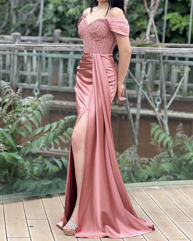 Mermaid Gold Lace Corset Slit Satin Dress