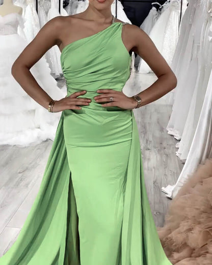 High Slit One Shoulder Open Back Satin Dress