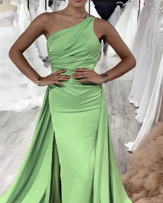 High Slit One Shoulder Open Back Satin Dress