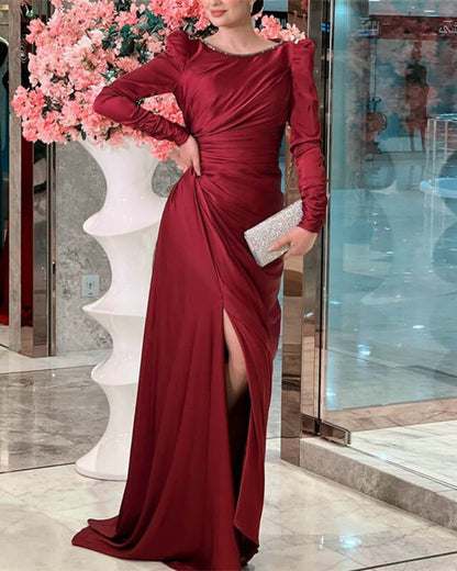 Burgundy Mermaid Satin Long Sleeve Dress