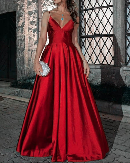 Long Red V-neck Open Back Satin Dress