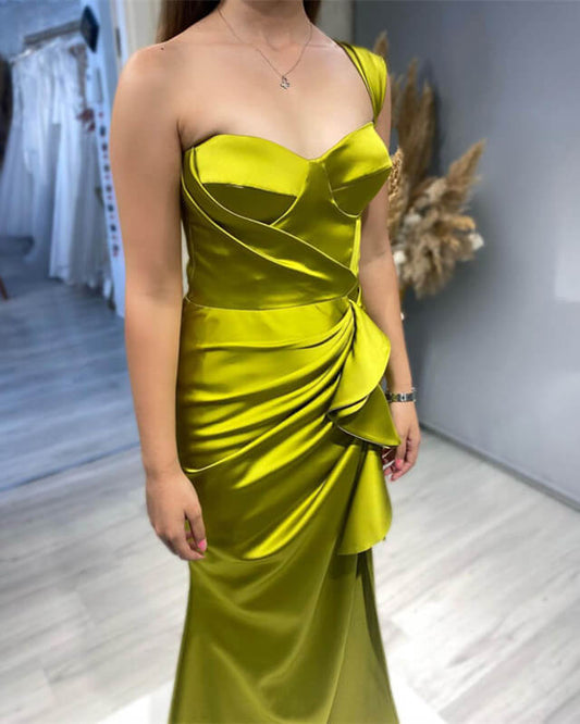 Mermaid Army Green Satin Dress One Strap