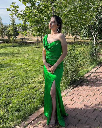 Mermaid Drapped Neck Satin One Strap Dress