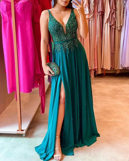 Green Chiffon V-neck Appliques Split Dress