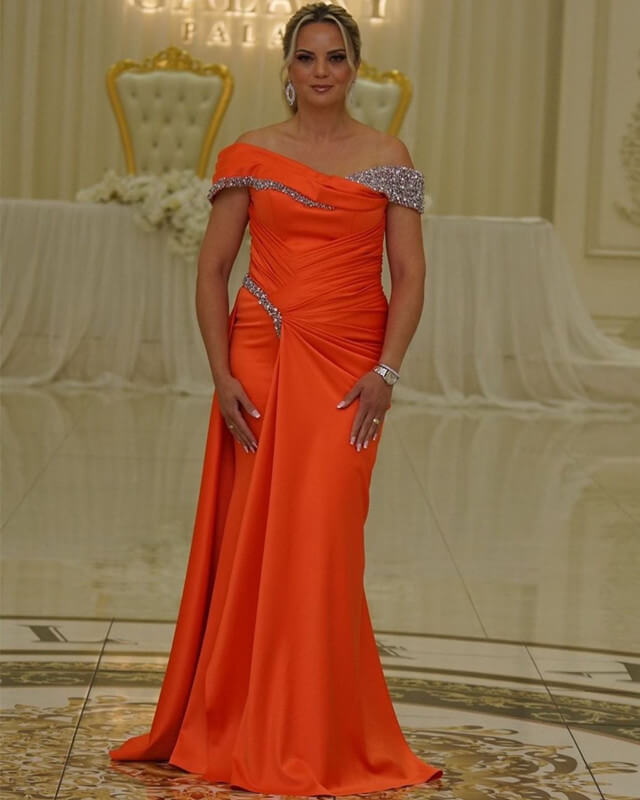 Mermaid Orange Satin Off Shoulder Beaded Dress