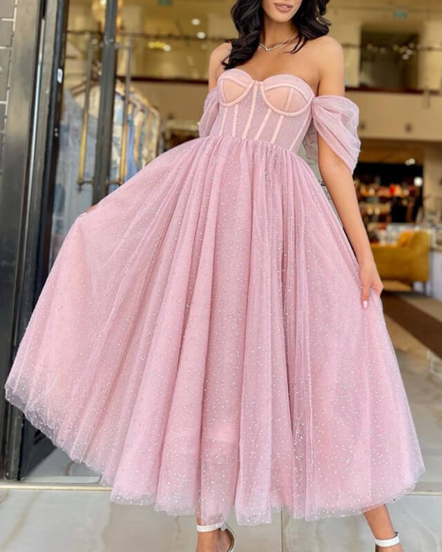 Pink Beaded Tulle Corset Midi Dress