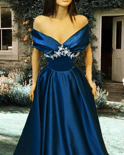 Off The Shoulder Satin Dress With Lace Appliques