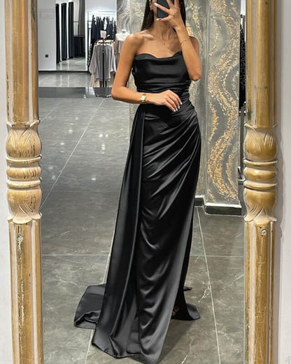 Mermaid Cowl Neck Slit Satin Dress