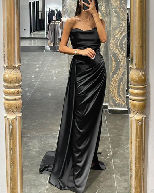 Mermaid Cowl Neck Slit Satin Dress
