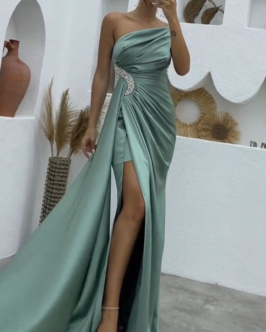 Mermaid High Slit Ruched Satin One Shoulder Dress