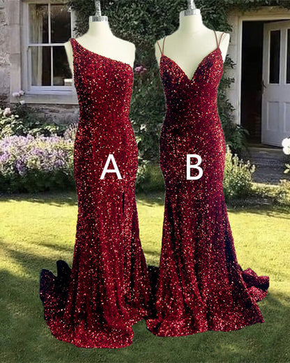 Mermaid Maroon Sequin Formal Dress