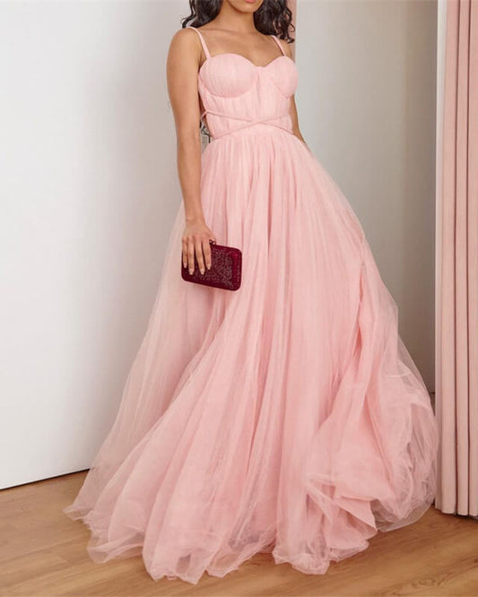 Long Pink Tulle Corset Top Dress
