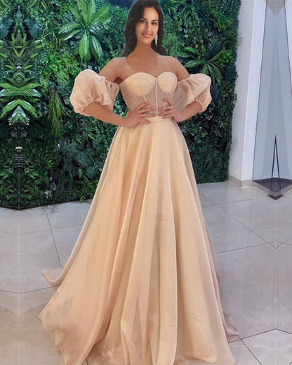 Champagne Tulle Puffy Sleeve Corset Dress