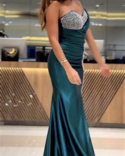 Mermaid Hunter Green Satin Beaded Dress
