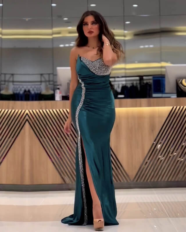 Mermaid Hunter Green Satin Beaded Dress