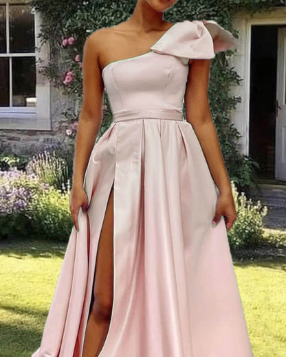 Pale Pink Satin One Shoulder Dress