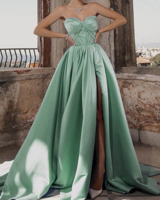 Long Sweetheart Split Satin Dress