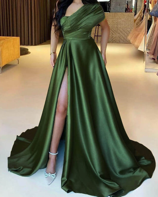 Olive Green Satin One Shoulder Slit Dress