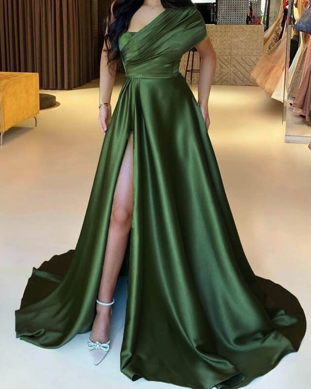 Olive Green Satin One Shoulder Slit Dress