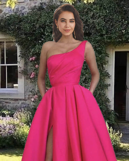 Long One Shoulder Split Dress With Pockets