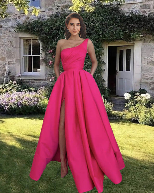 Long One Shoulder Split Dress With Pockets